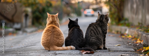 Rear view of three cats of different hues form a tranquil line on suburban road, their attention captured by an unseen sight ahead.. photo