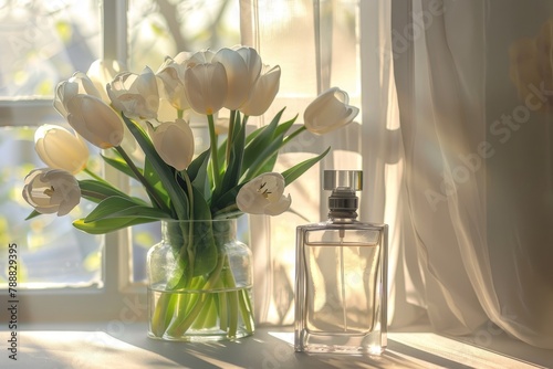 Transparent glass perfume bottle on table with vase full of cream tulips. Gentle light from window
