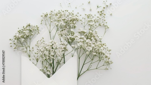 A mockup featuring white Gypsophila in a white envelope set against a white background perfect for occasions like Women s Day and Mother s Day