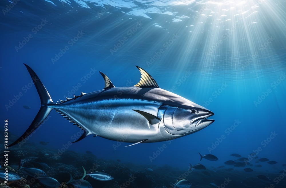 Fototapeta premium Bluefin tuna in the ocean, space for text, photo for product label