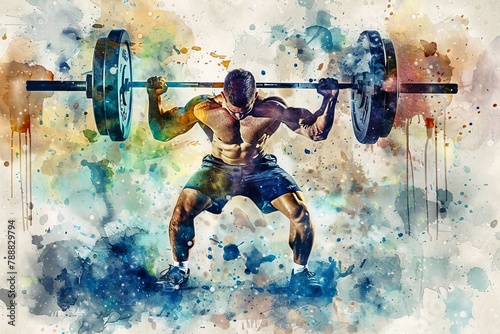 Watercolor artwork of a weightlifter.