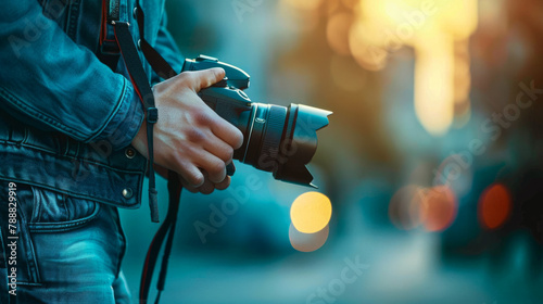 Tourist photographer or paparazzi holding a camera against the backdrop of blurry lights of the evening city, the process of video or photo shooting on the street. Copyspace
