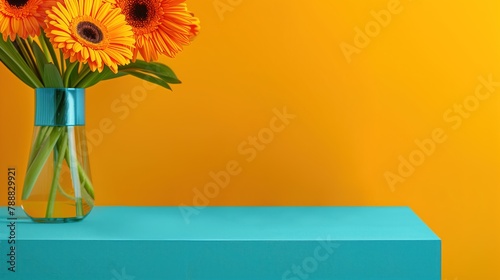 Bright Floral Decor Photography. Orange Gerberas on Turquoise Surface. photo