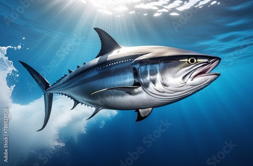 Bluefin tuna in the ocean, space for text, photo for product label