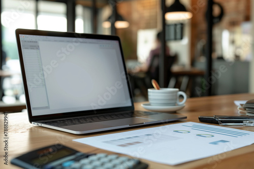 A closeup of an open laptop with a blank screen on a wooden desk, surrounded by papers and a coffee cup in the office background. photo