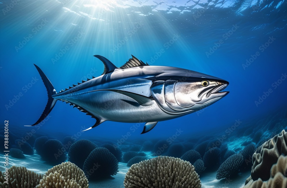Naklejka premium Bluefin tuna in the ocean, space for text, photo for product label