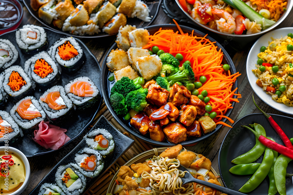 Captivating Display of Authentic Asian Cuisine: Stir-fry, Sushi, Dumplings and More