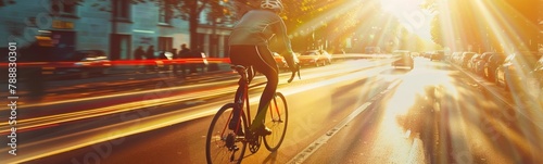 Man riding a bike down the street at sunset. Banner