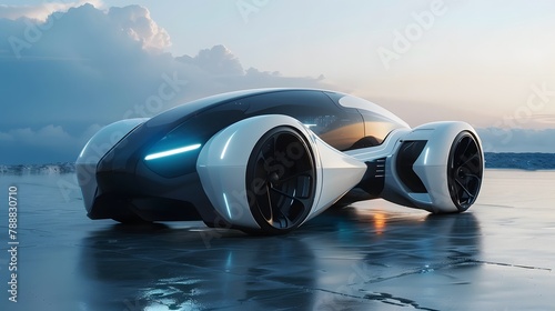 Luxury electric car. Futuristic vehicle, H2 fuel cell. Sustainable future with autonomous electric car and hydrogen fuel cell innovation. Technology for net zero emission transport. Eco-Friendly.