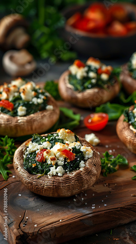 Beautiful presentation of Spinach and feta stuffed mushrooms, hyperrealistic food photography