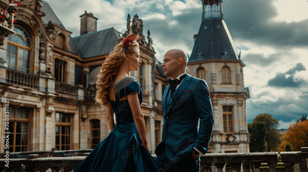 rich couple in elegant suit and evening dress on a castle terasse guest on an elegant event or wedding