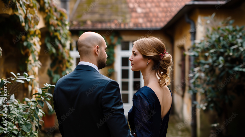 rich couple in elegant suit and evening dress on a castle terasse guest on an elegant event or wedding rich couple in elegant suit and evening dress on a castle terasse guest on an elegant event or wedding