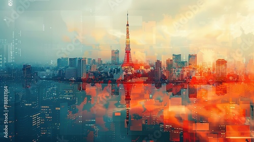 Tokyo Tower in Japan. double exposure contemporary style minimalist artwork collage illustration. Ai generative © Jennifer