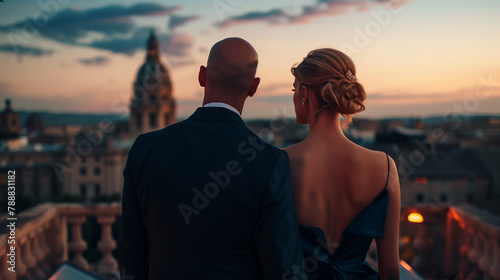 rich couple in elegant suit and evening dress on a castle terasse guest on an elegant event or wedding