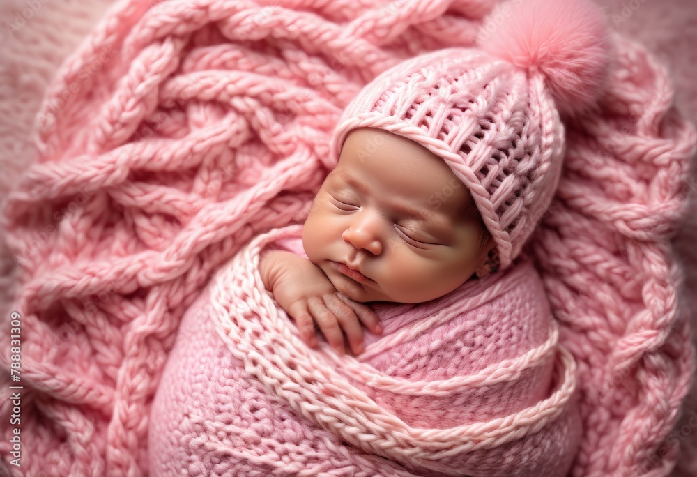 Cute newborn baby sleeping wrapped in a pink blanket Cute newborn baby sleeping wrapped in a pink blanket