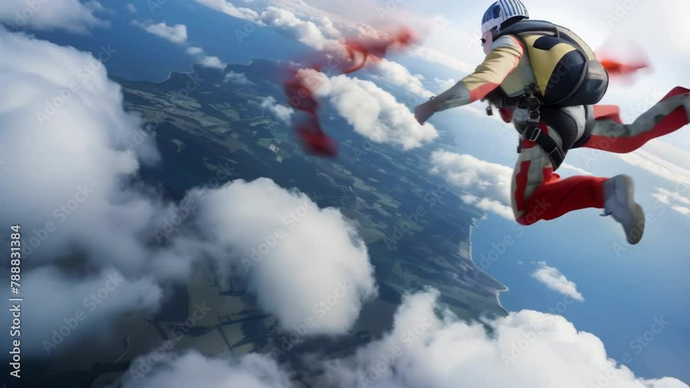 From high above a dense sea of clouds, a skydiver clad in red and white boldly leaps into the void. From high above a dense sea of clouds, a skydiver clad in red and white boldly leaps into the void.