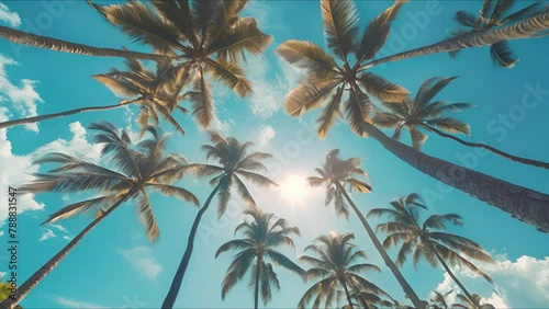 Low angle view of palm trees with blue sky. AI Footage.