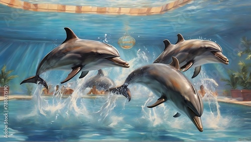 Oceanic Euphoria  Family of Dolphins Engaged in Playful Leaps Underwater