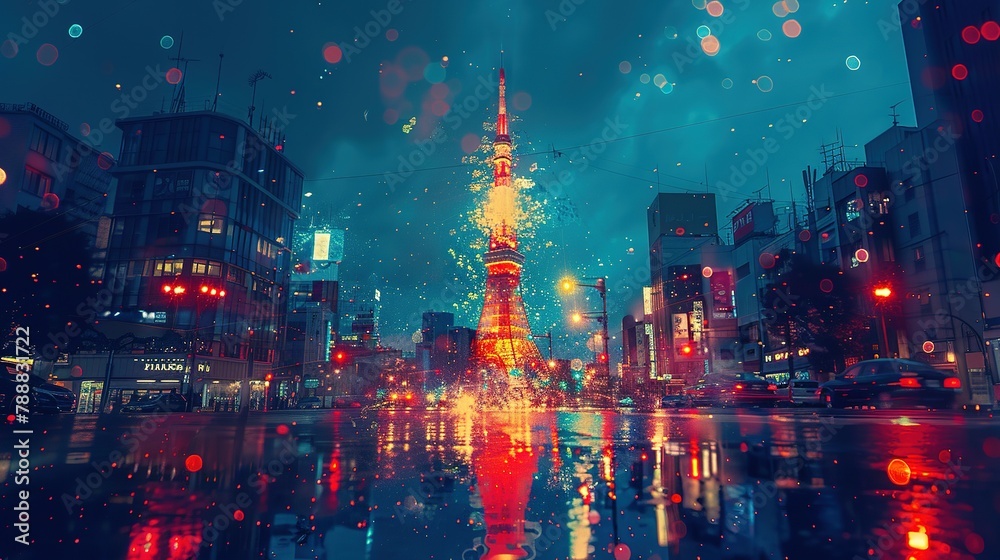 Tokyo Tower in Japan. double exposure contemporary style minimalist artwork collage illustration. Ai generative Tokyo Tower in Japan. double exposure contemporary style minimalist artwork collage illustration. Ai generative