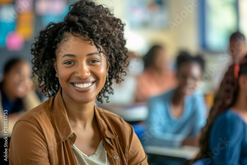 smiling african american female teacher with students in classroom education and diversity concept