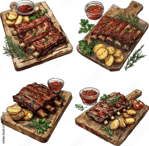Beef ribs on a cutting board with sliced ​​potatoes isolated on white background