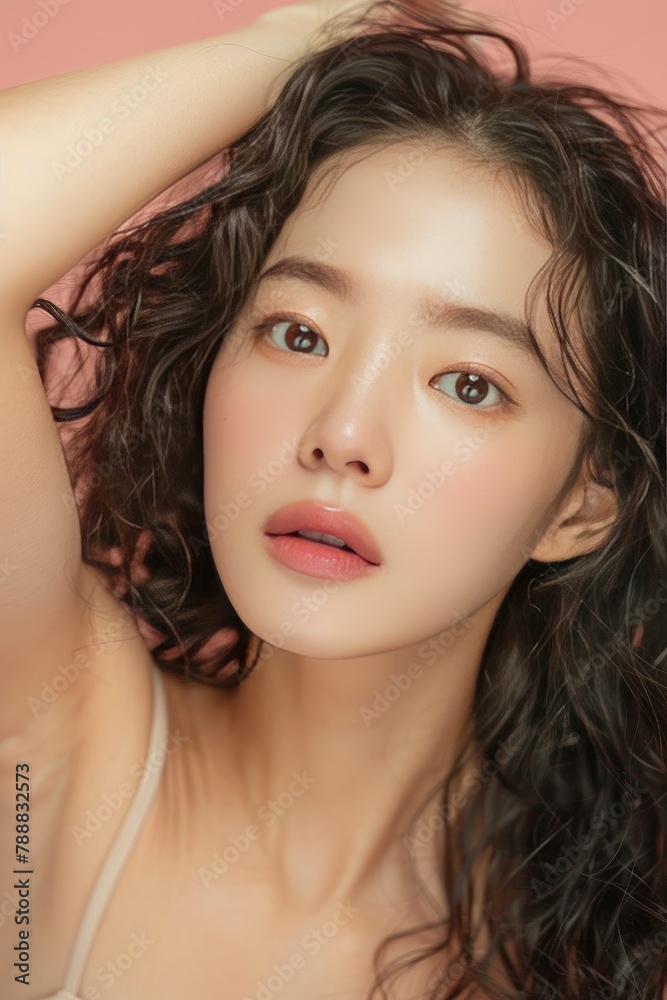 Young Asian beauty woman curly long hair with korean makeup style on face and perfect clean skin show armpits on isolated one color background. Facial treatment - generative ai Young Asian beauty woman curly long hair with korean makeup style on face and perfect clean skin show armpits on isolated one color background. Facial treatment - generative ai