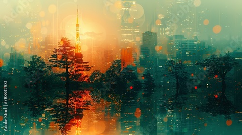 Tokyo Tower in Japan. double exposure contemporary style minimalist artwork collage illustration. Ai generative photo