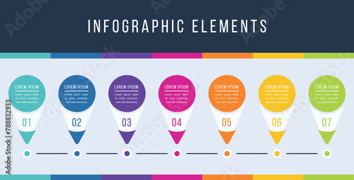Infographic elements timeline 7 objects, elements, steps or options business information design infographics template