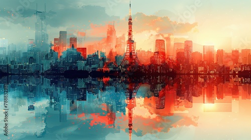 Tokyo Tower in Japan. double exposure contemporary style minimalist artwork collage illustration. Ai generative