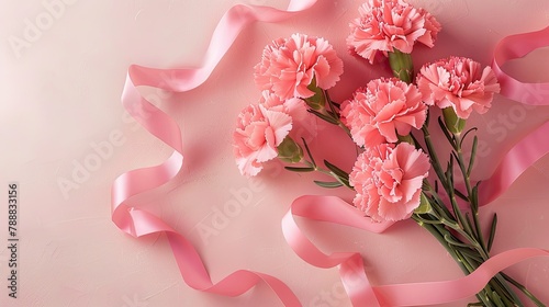 An enchanting top down perspective capturing the beauty of pink carnations adorned with a delicate pink ribbon perfect for Mother s Day © 2rogan