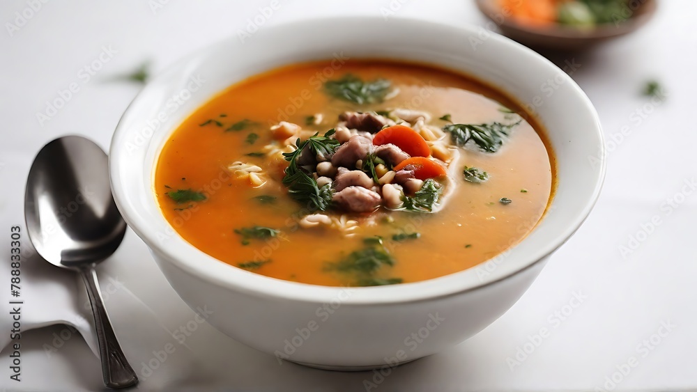 Wholesome Comfort: Soup on Table with Spoon, Isolated on White Wholesome Comfort: Soup on Table with Spoon, Isolated on White
