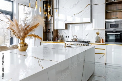 stylish modern kitchen interior design gold hardware white marble counters luxury home decor photo