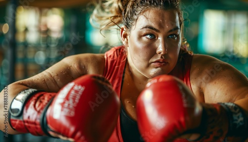 Determined fat woman at a kickboxing session, throwing a powerful punch, a symbol of her fight against stereotypes © fourtakig