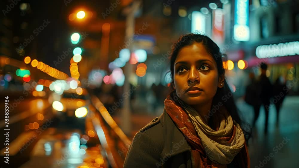 Young Indian American woman wearing a scarf and winter clothes standing on a busy New York city street at night Young Indian American woman wearing a scarf and winter clothes standing on a busy New York city street at night