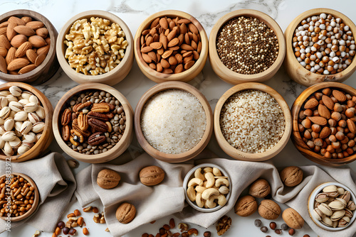 Assorted nuts and seeds displayed in wooden bowls on a table