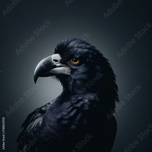 Crow, closeup, photo, black, feathers, red eyes, studio nature photography, isolated, black background
