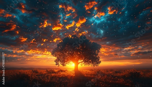 Sky with clouds and stars. One tree. Summer romantic night with a sunsetnight with a stars