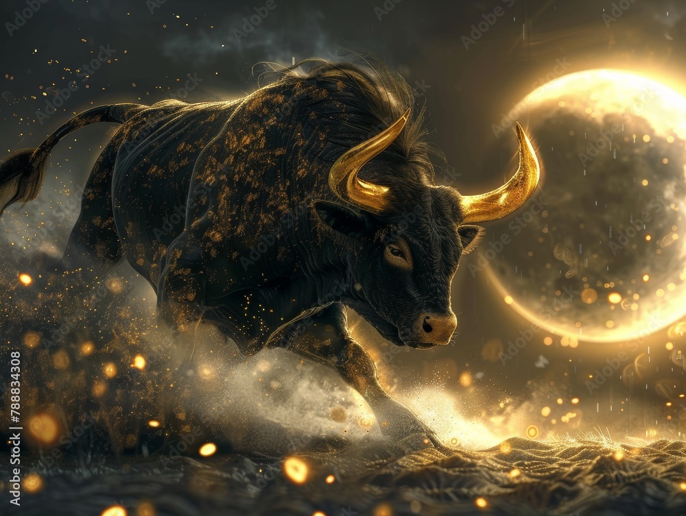 A digital painting of a black bull with glowing golden horns and hooves, running towards the viewer with a full moon in the background.