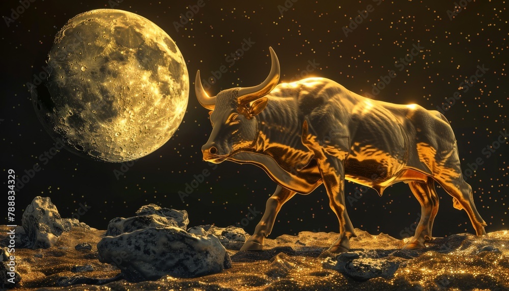 A golden bull walking on a rocky moon surface with a large moon in the background.