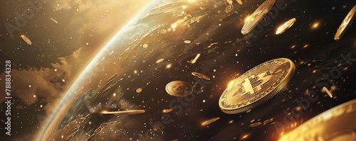 A golden bitcoin flies through space with the Earth in the background.