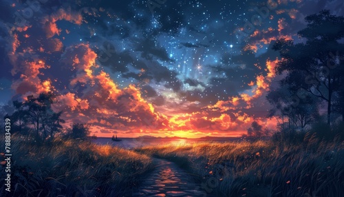 Sky with clouds and stars. Summer romantic night with a sunset near the river