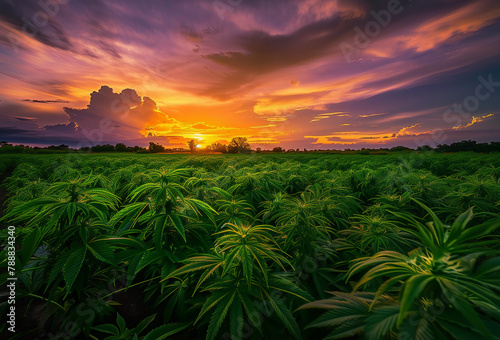 Field of marijuana plants (Cannabis) at sunset
