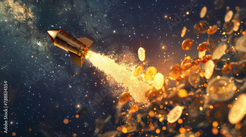 A golden rocket ship blasting off into space with a trail of gold coins. photo