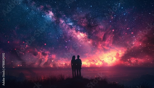 Sky with clouds and stars. Two people are holding hands. Summer romantic night with a sunset