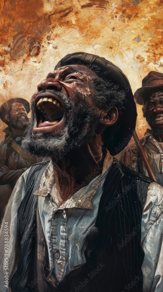 An old black man with a beard is shouting with joy. He is wearing a ragged shirt and a vest. There are two other black men in the background. An old black man with a beard is shouting with joy. He is wearing a ragged shirt and a vest. There are two other black men in the background.