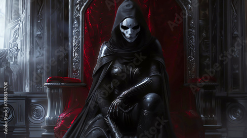 An Evil Woman Wearing a Deathly White Mask and a Black Hood Sitting on a Velvet Red Throne