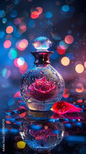 Luxurious perfume bottle with rose on black table, colorful bokeh lights. Elegance and romance.