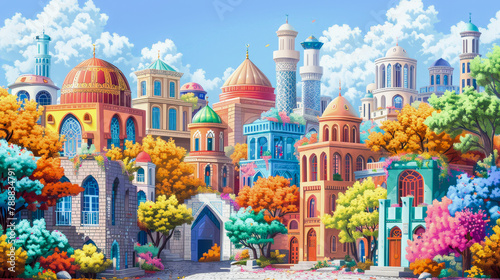 Illustration of a vibrant, colorful fantasy cityscape with diverse architectural styles and lush, multicolored trees under a clear, blue sky.