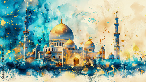 Artistic depiction of a mosque with ornate domes and minarets, featuring vibrant watercolor-like effects and splashes of blue and gold. photo