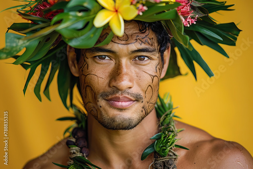 Tattued native hawaiian atlethic young man wearing a traditional haku lei on yellow background. photo